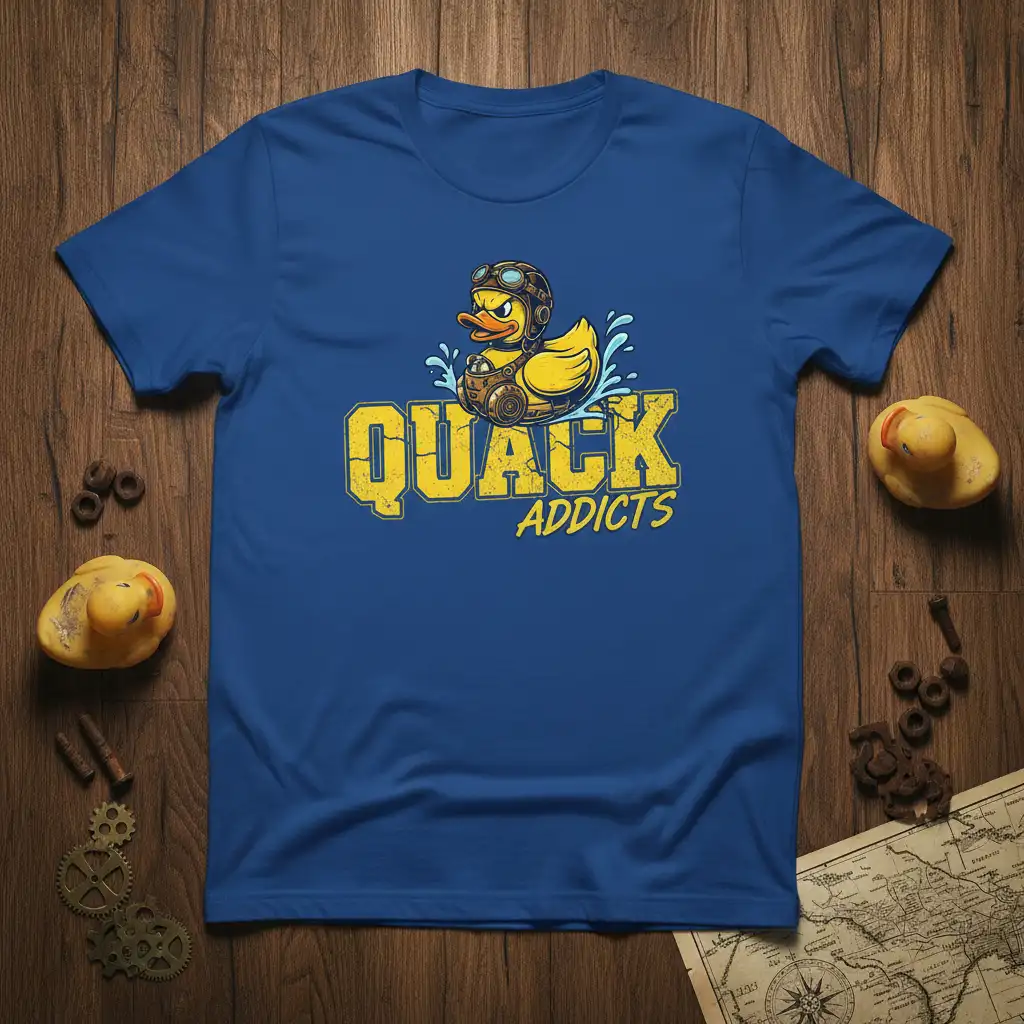 Quack Addicts steampunk duck design with distressed yellow typography and a duck in goggles and helmet on a blue t-shirt