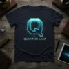 Quantum Leap T-Shirt with a glowing blue 'Q' logo and circuit board pattern, representing quantum physics and technology