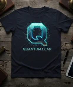 Quantum Leap T-Shirt with a glowing blue 'Q' logo and circuit board pattern, representing quantum physics and technology