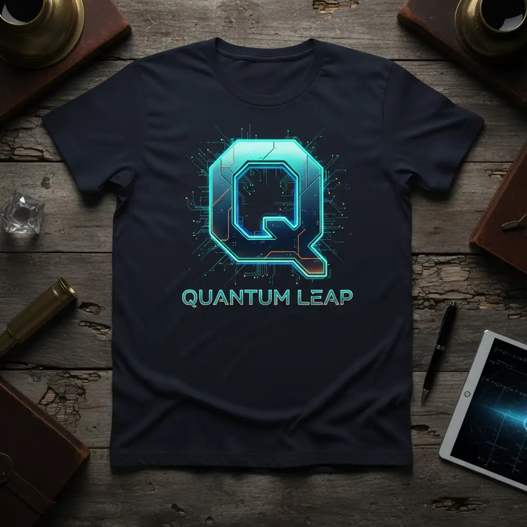 Quantum Leap graphic tee with neon blue 'Q' logo and digital circuit design, representing scientific advancement