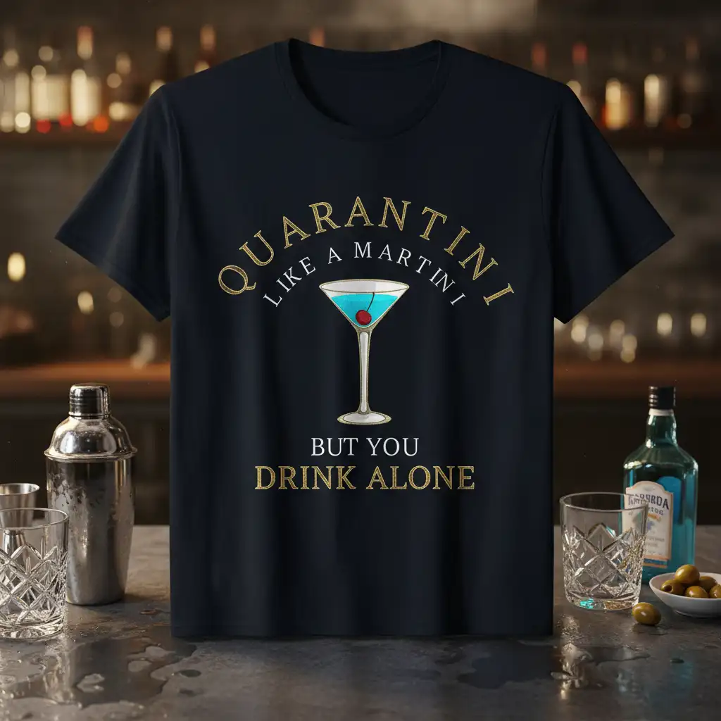 Quarantini Like A Martini But You Drink Alone quote on a t-shirt with a martini glass graphic