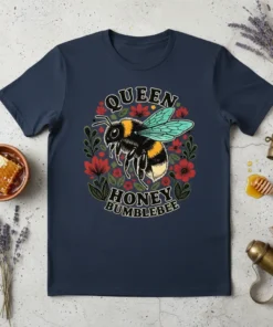 Queen Honey Bumblebee t-shirt with a bumblebee illustration and floral wreath