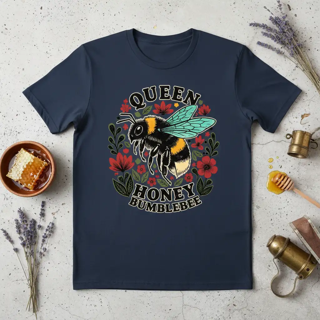 Queen Honey Bumblebee text and bumblebee graphic art on a navy blue t-shirt