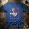 Blue t-shirt featuring a "Q Heart Q" design with playing card suits and golden accents