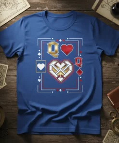 Blue t-shirt featuring a "Q Heart Q" design with playing card suits and golden accents