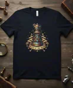 Queen Of The Board chess piece design with ornate details and golden ribbons on a navy t-shirt