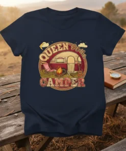 Queen of the Camper graphic t-shirt featuring a vintage RV, campfire, and camping chair
