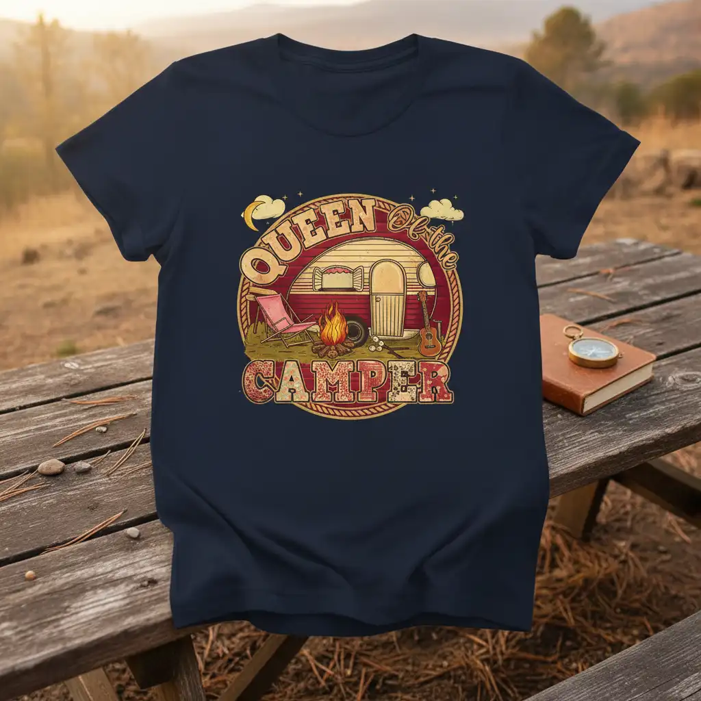 Queen of the Camper vintage design with RV, campfire, and camping chair on a dark heather t-shirt