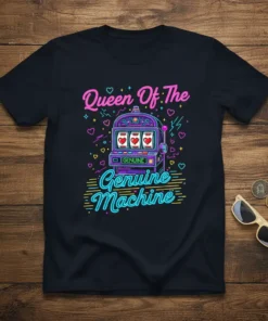 Queen Of The Genuine Machine T-Shirt featuring a retro slot machine graphic with neon accents