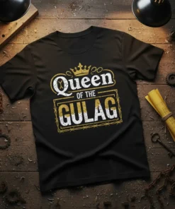 Queen Of The Gulag text with a crown and barbed wire border on a black t-shirt, retro propaganda design