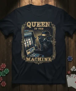 Queen Of The Machine text design with a black cat wearing a fedora and sunglasses playing a slot machine