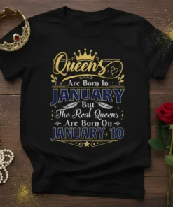 Queen's Are Born In January But The Real Queens Are Born On January 10 text design with crown graphic on