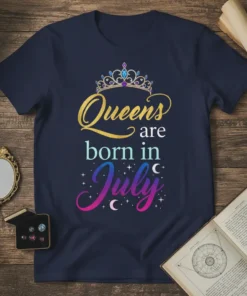 Queens are born in July text with a sparkling crown graphic on a navy blue t-shirt