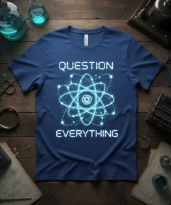 Blue t-shirt with "Question Everything" text and a glowing blue atom graphic, representing scientific inquiry