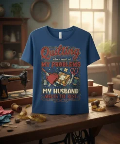 Quilting solves most of my problems, my husband solves the rest quote on a blue t-shirt with sewing graphics