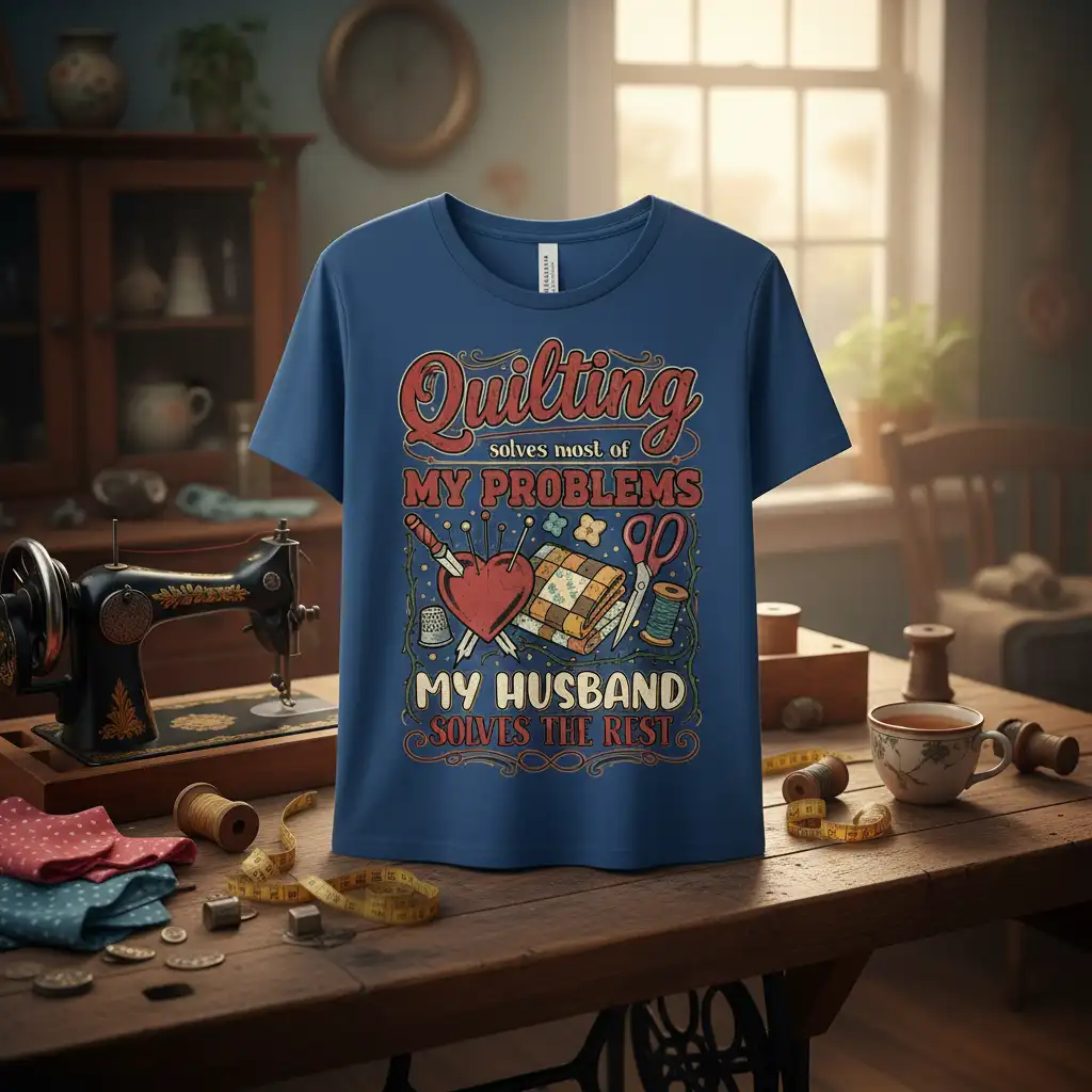 Quilting solves most of my problems, my husband solves the rest quote and sewing graphics on a blue t-shirt