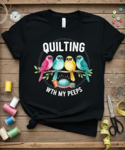 Quilting Wth My Peeps T-Shirt featuring four colorful birds on a branch with sewing supplies, white text, and dashed circle