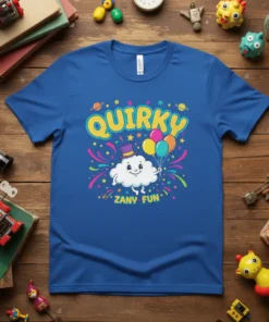 Quirky Zany Fun text with a smiling cloud character holding balloons on a blue t-shirt, surrounded by confetti