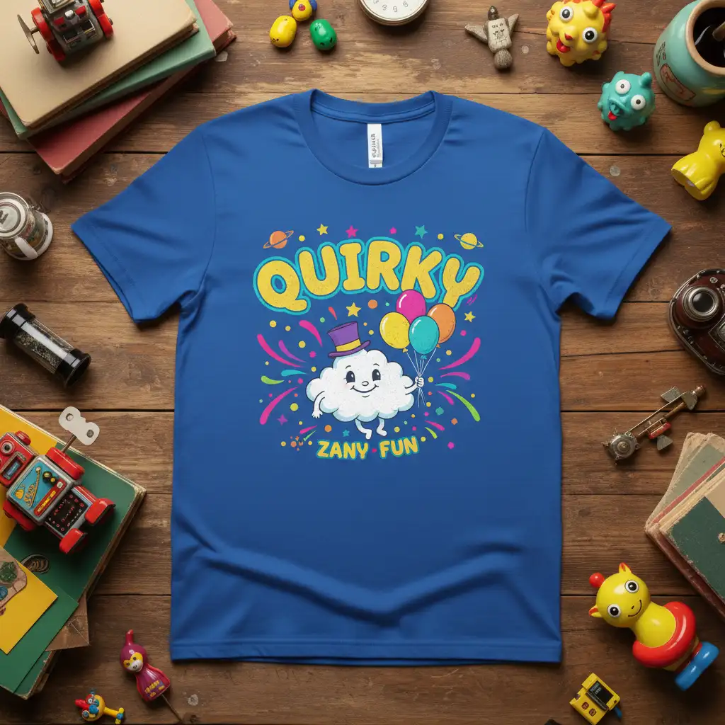 QUIRKY ZANY FUN text and smiling cloud with balloons graphic on a blue t-shirt