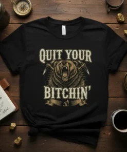 Black t-shirt with "Quit Your Bitchin'" text above a roaring bear graphic and mining tools