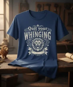 Quit Your Whinging T-Shirt with a distressed vintage lion graphic and ornate text