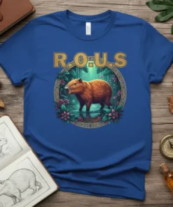 R.O.U.S. fantasy creature t-shirt with a capybara in a jungle setting, featuring gold lettering and floral accents