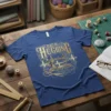 Raced Heguing T-Shirt design with vintage sewing machine and heartbeat graphic, gold on blue fabric