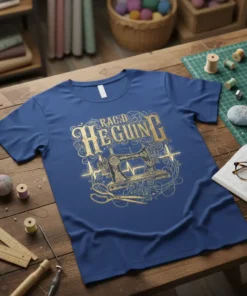 Raced Heguing T-Shirt design with vintage sewing machine and heartbeat graphic, gold on blue fabric