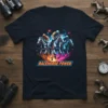 RACEHORSE POWER text with three dynamic racehorses in mid-gallop on a navy t-shirt, vibrant neon accents