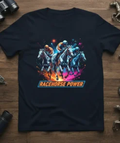 RACEHORSE POWER text with three dynamic racehorses in mid-gallop on a navy t-shirt, vibrant neon accents