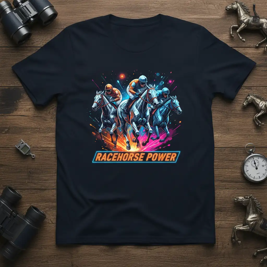 Vibrant RACEHORSE POWER graphic featuring three powerful racehorses and jockeys in a dynamic neon-infused design