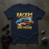 Racers And Pacers text with blue and orange sports cars racing on a checkered flag background, dark blue t-shirt graphic