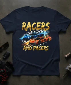 Racers And Pacers text with blue and orange sports cars racing on a checkered flag background, dark blue t-shirt graphic