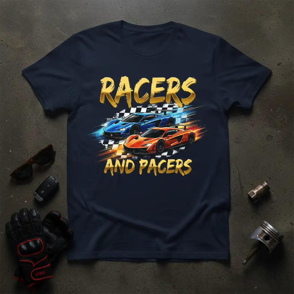 Racers And Pacers bold text with dynamic blue and orange sports cars in motion on a checkered background