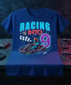 Racing Into 9 go kart birthday t-shirt design for a 9-year-old boy with race car and checkered flag graphics