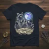 Racoons Reaching For The Moon text on a dark t-shirt with graphic of raccoons looking at the moon