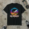 Black t-shirt with "RAD HEDGEHOG" text and a hedgehog riding a skateboard against a retro sunset graphic