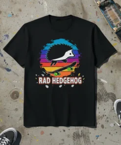 Black t-shirt with "RAD HEDGEHOG" text and a hedgehog riding a skateboard against a retro sunset graphic