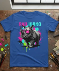 Rad Rhino t-shirt design with a cool rhino wearing pink sunglasses and neon splatter graphics