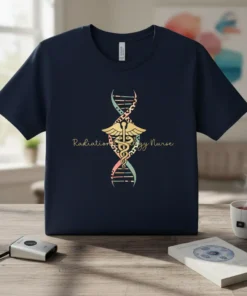 Radiation therapy Nurse t-shirt design with DNA helix and caduceus symbol in pastel and leopard print