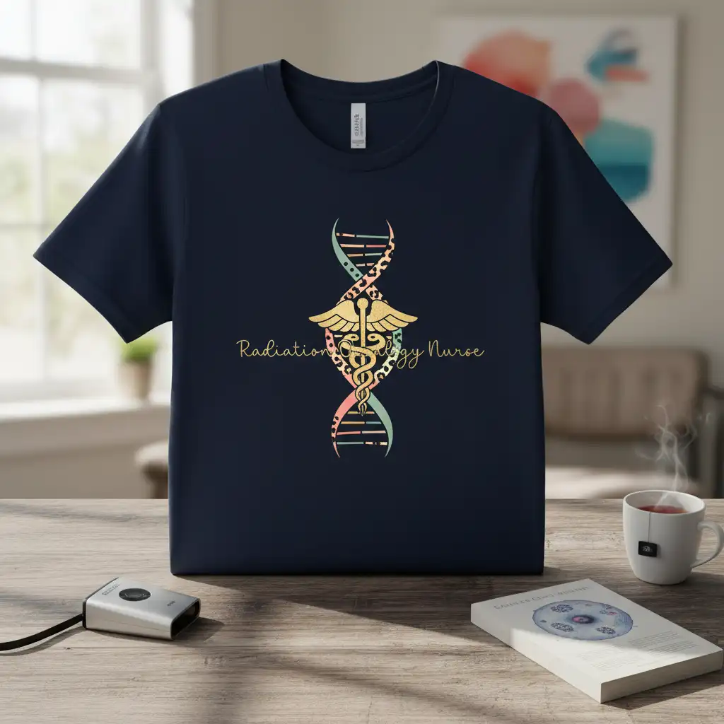 Radiation therapy Nurse t-shirt featuring a pastel and leopard print DNA helix with caduceus symbol