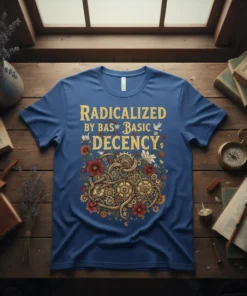 Blue t-shirt with "RADICALIZED BY BAS BASIC DECENCY" in gold text, surrounded by floral and gear graphics