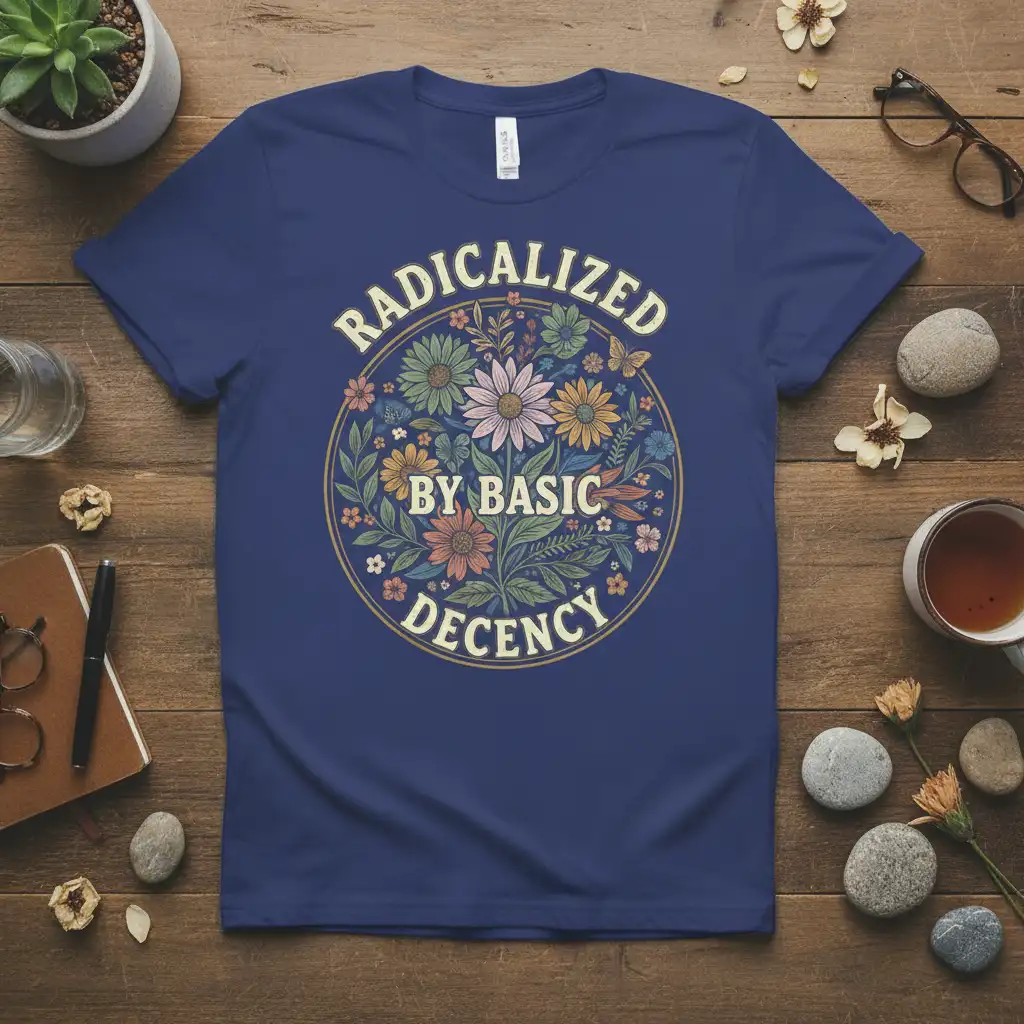Radicalized By Basic Decency quote with floral wreath graphic on a navy blue t-shirt