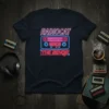 Radiocat The Bends neon cassette tape design on a dark t-shirt, inspired by 90s music and retro aesthetics