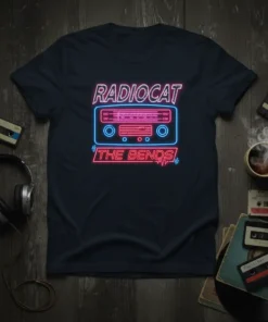 Radiocat The Bends neon cassette tape design on a dark t-shirt, inspired by 90s music and retro aesthetics