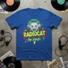 Radiocat the bends t-shirt design with a white cat wearing headphones and the text "RADIOCAT the bends" in neon colors