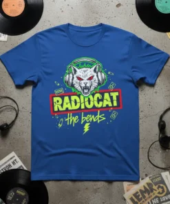 Radiocat the bends t-shirt design with a white cat wearing headphones and the text "RADIOCAT the bends" in neon colors