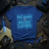 Rage Against The Machine Learning text design on a blue t-shirt, featuring neon blue futuristic typography and circuit board elements