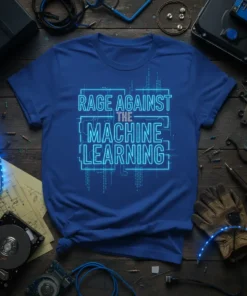 Rage Against The Machine Learning text design on a blue t-shirt, featuring neon blue futuristic typography and circuit board elements