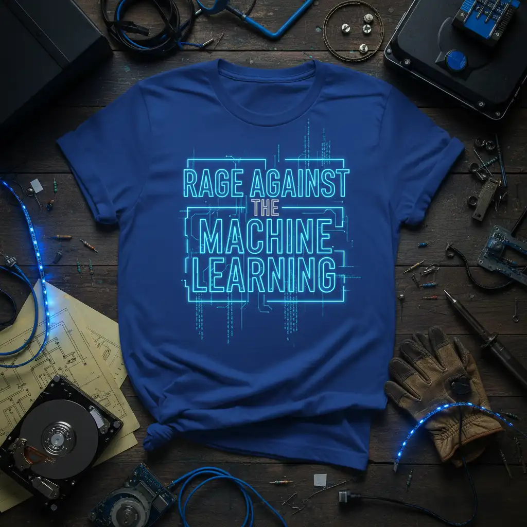 Rage Against The Machine Learning quote in neon blue futuristic font with circuit board graphics on a t-shirt